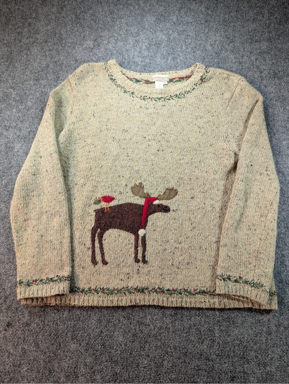 Coldwater Creek Size XL Beige Flecked Moose Sweater Wool Blend Winter Holiday